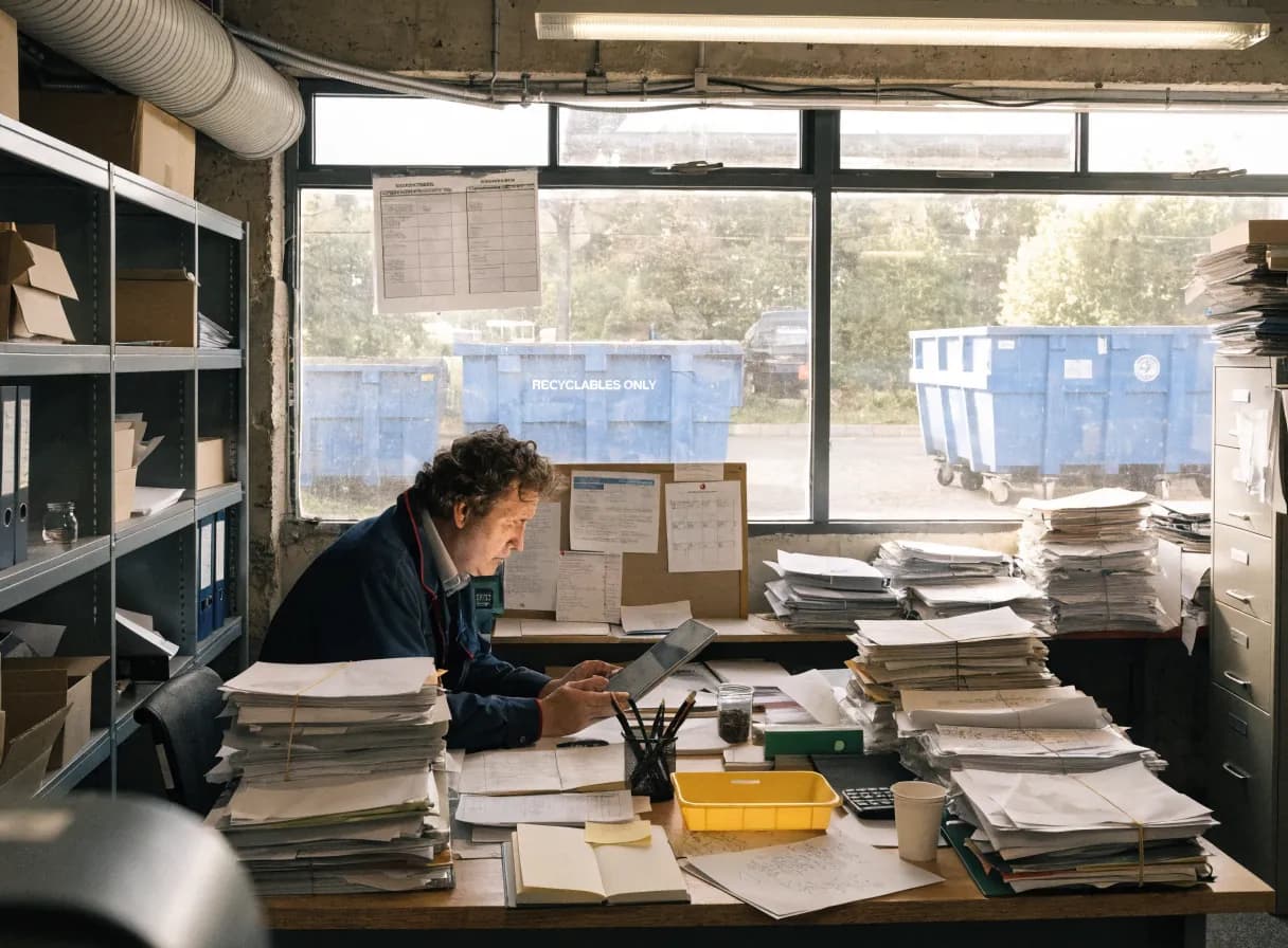 A finger about to tap a glowing tablet propped against a stack of obsolete paper waste-transfer pads in a depot office