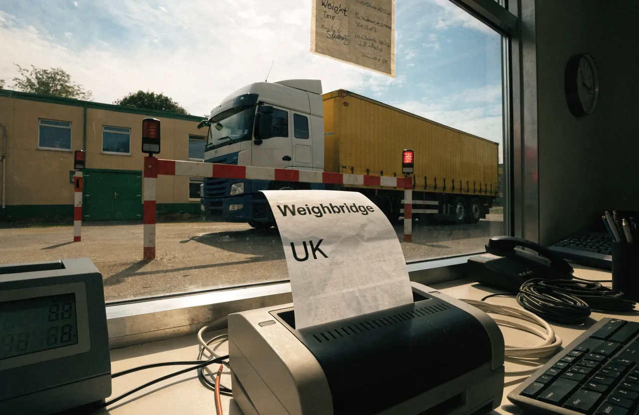 A gloved hand tearing a freshly printed QR-coded receipt from a thermal printer in a weighbridge kiosk, a wagon waiting at the barrier outside