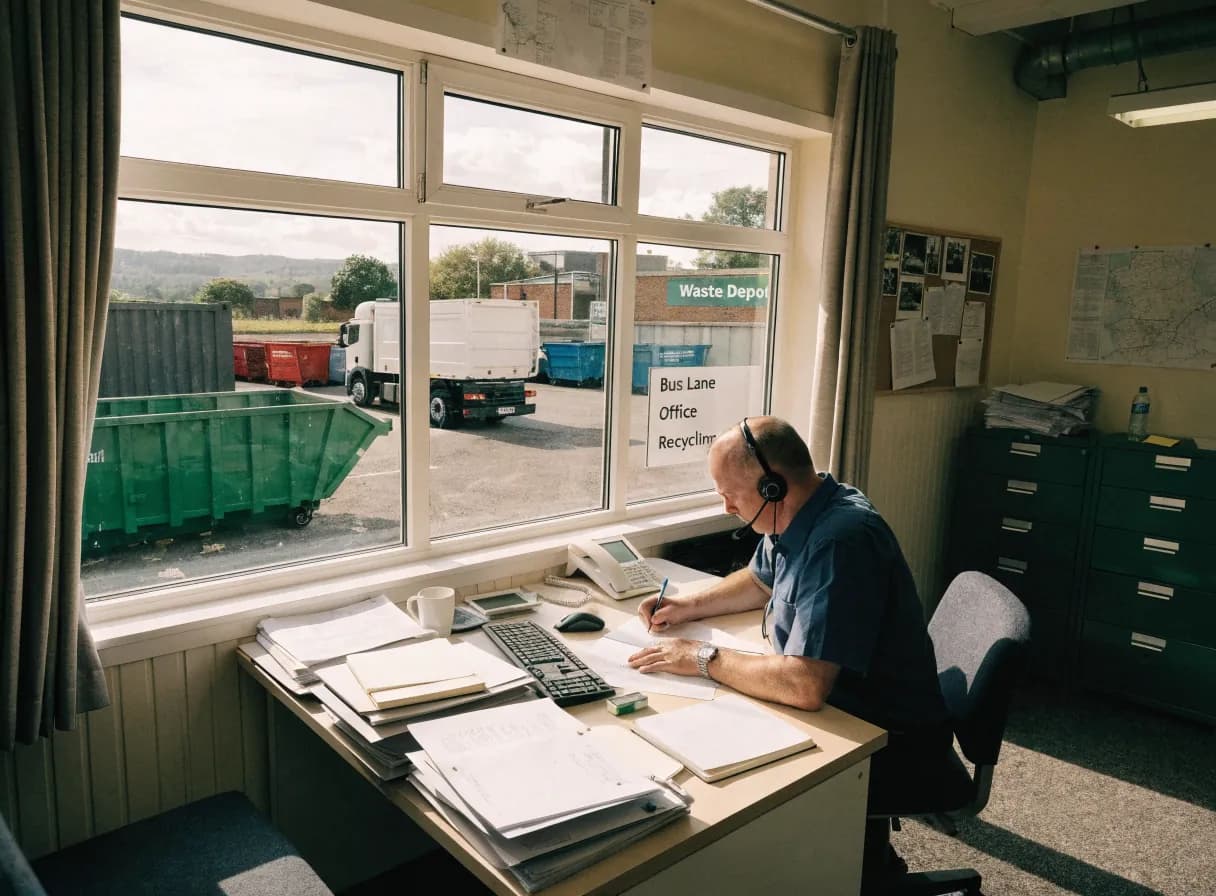 A transport coordinator at a dual-monitor desk in a waste depot office, the yard with skips and a wagon visible through the window behind