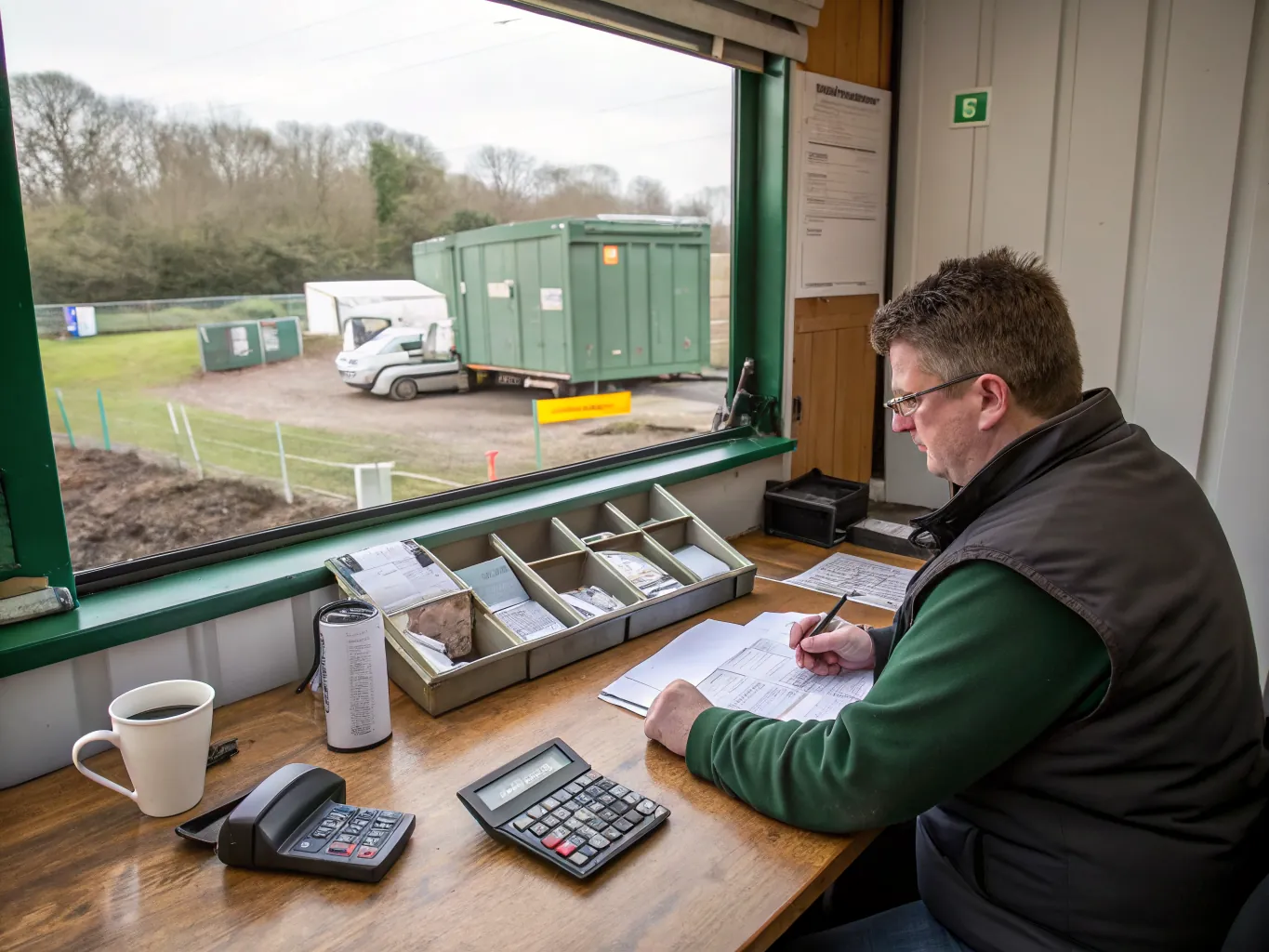 An office manager sorts printed delivery notes and weighbridge tickets at a desk overlooking a waste yard.