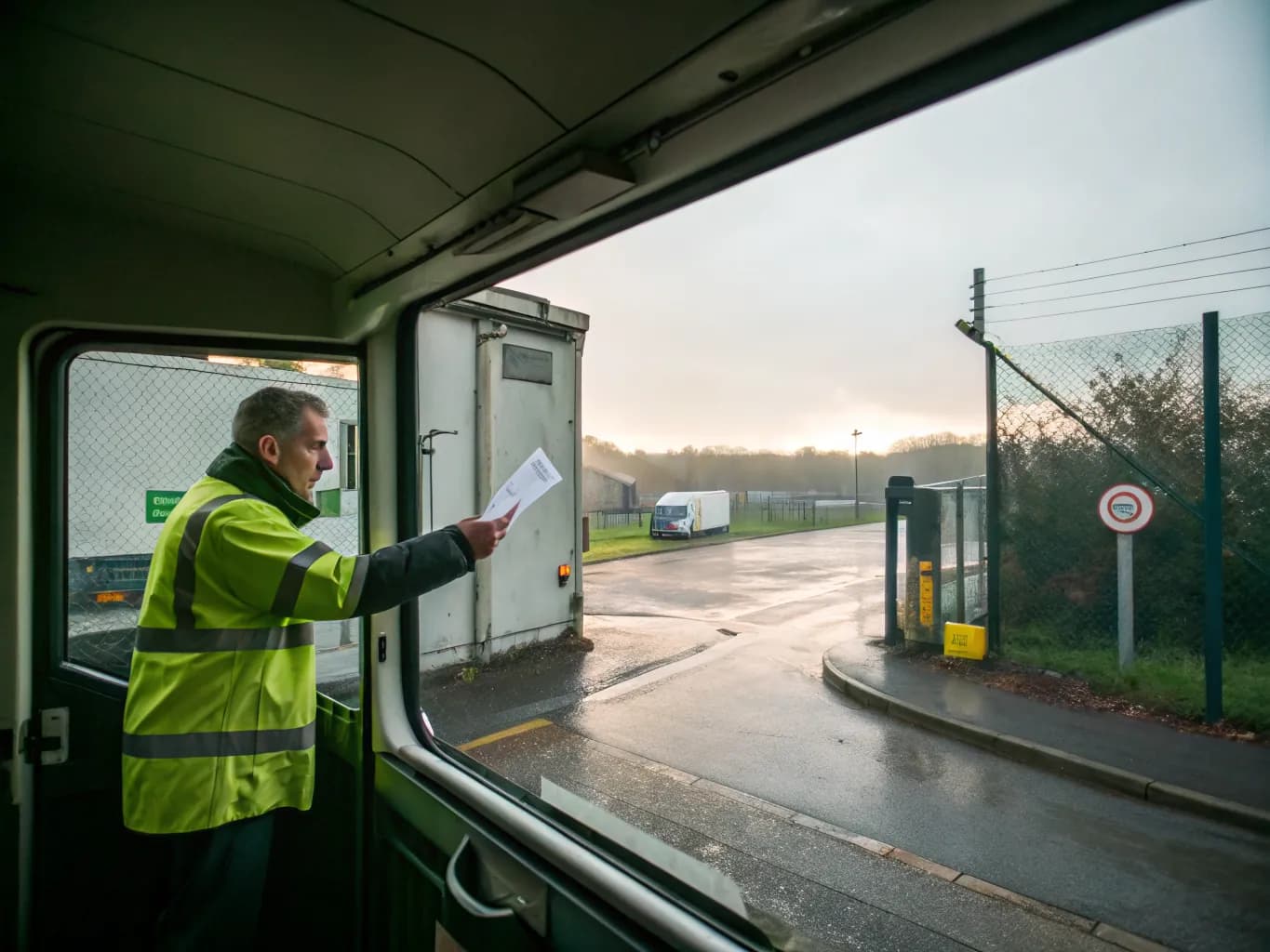 A worker in hi-vis passes a paper delivery note up to the window of a site office cabin at a waste yard gate.