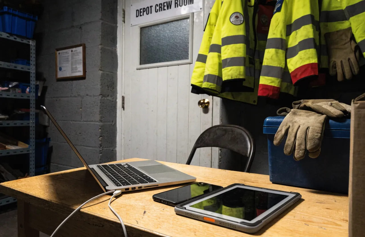 Four devices on a depot crew-room desk - an office laptop, a driver's phone, a rugged gate tablet and a visitor iPad
