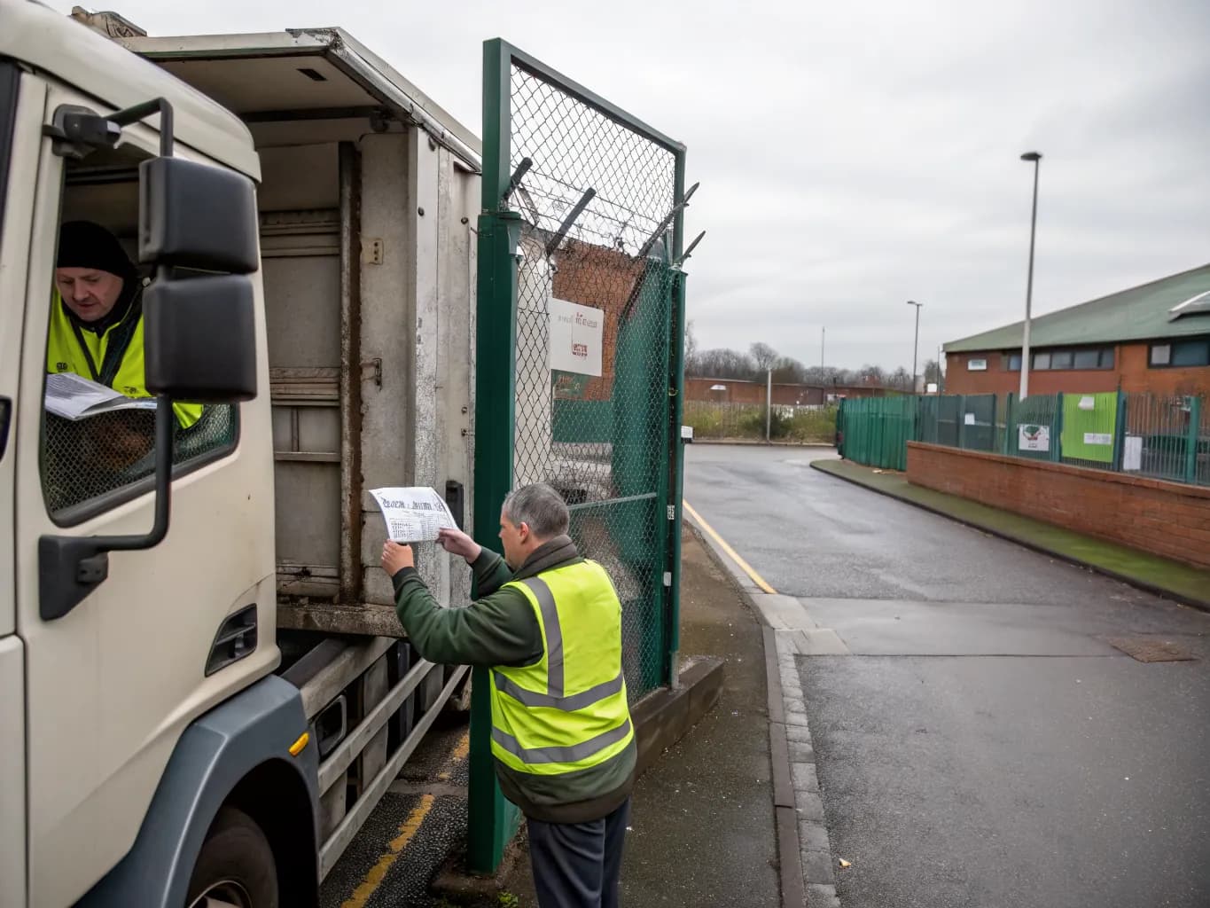A gatehouse worker in hi-vis hands paperwork up to the driver of a loaded skip lorry at a waste transfer station gate.