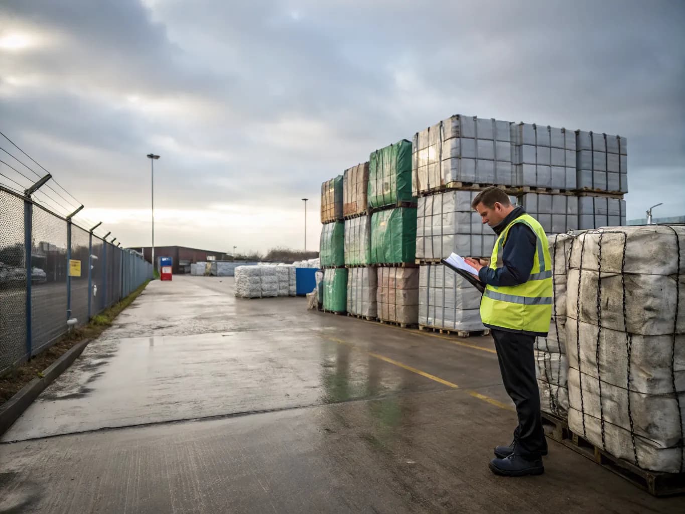 A worker with a clipboard checks strapped bales of recyclables stacked beside shipping containers at a freight yard.