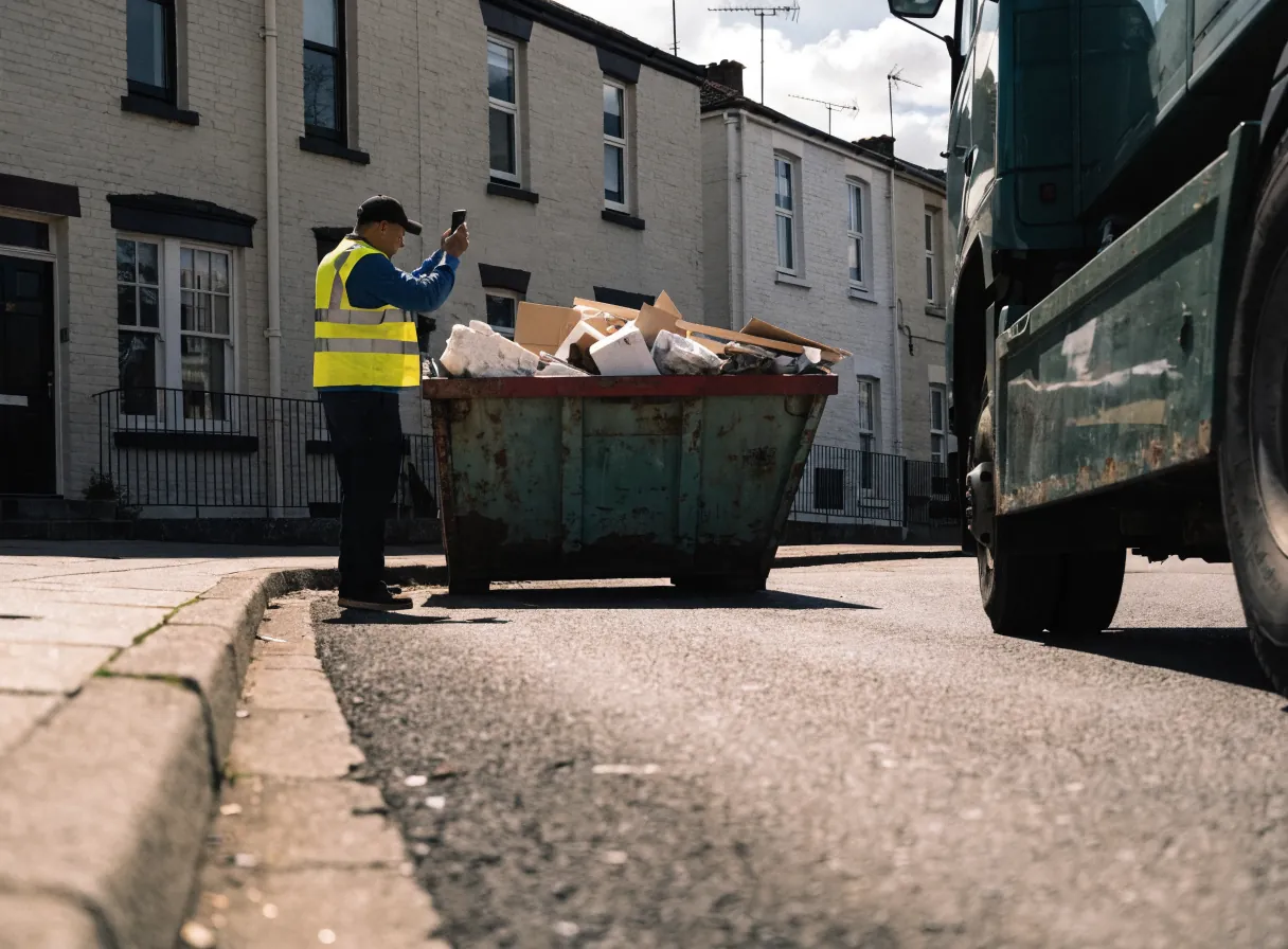A skip-wagon driver in hi-vis at the kerb of a residential street, photographing a just-loaded skip on his phone