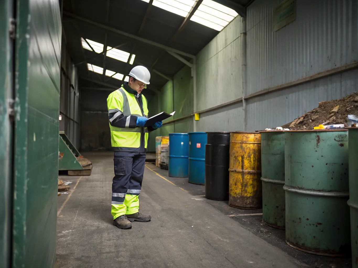 An operative with a clipboard assesses waste beside sealed hazardous-waste drums inside a transfer shed.