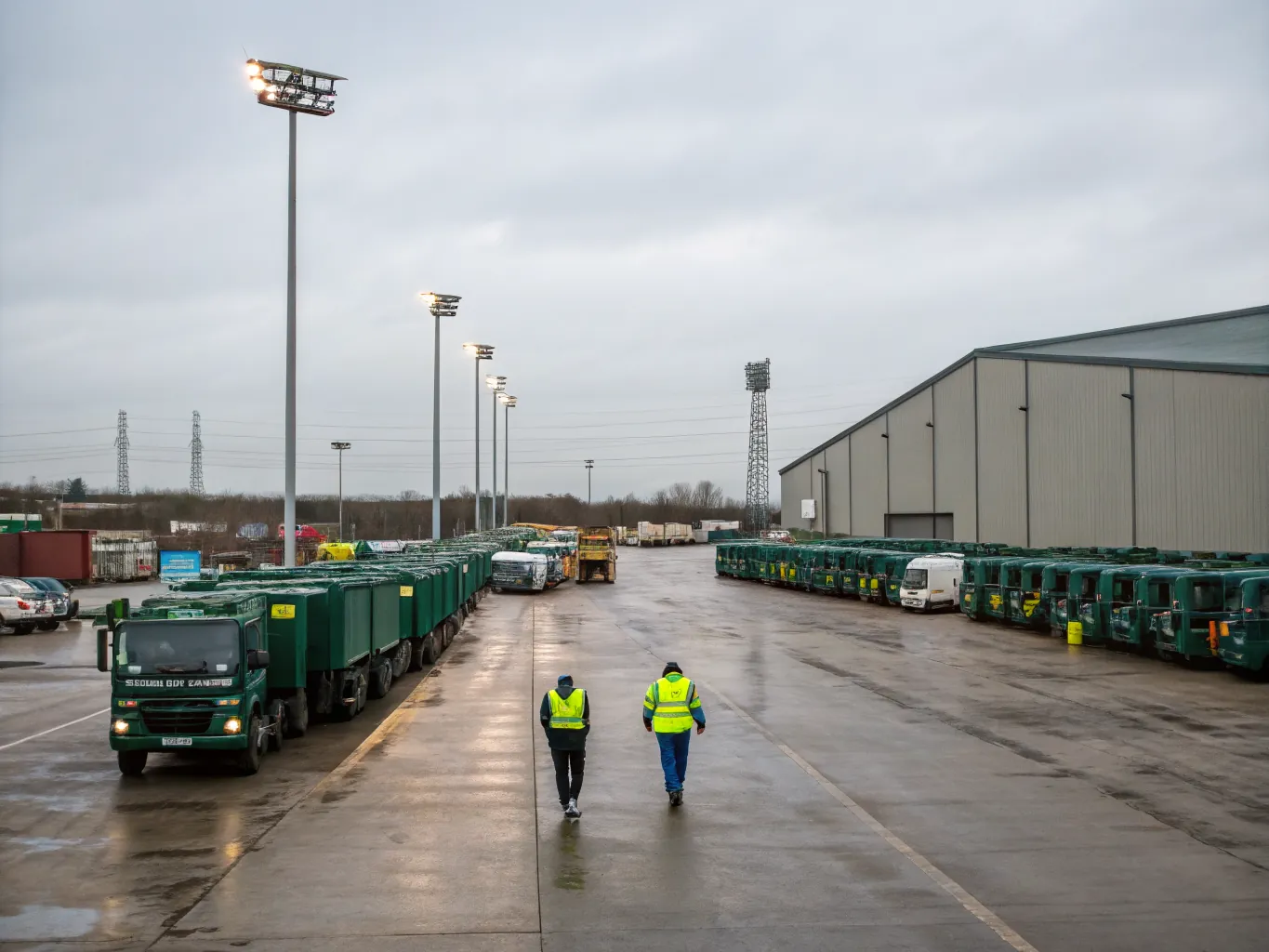 Rows of refuse collection vehicles and skip lorries parked in ranks at a large waste-management depot.