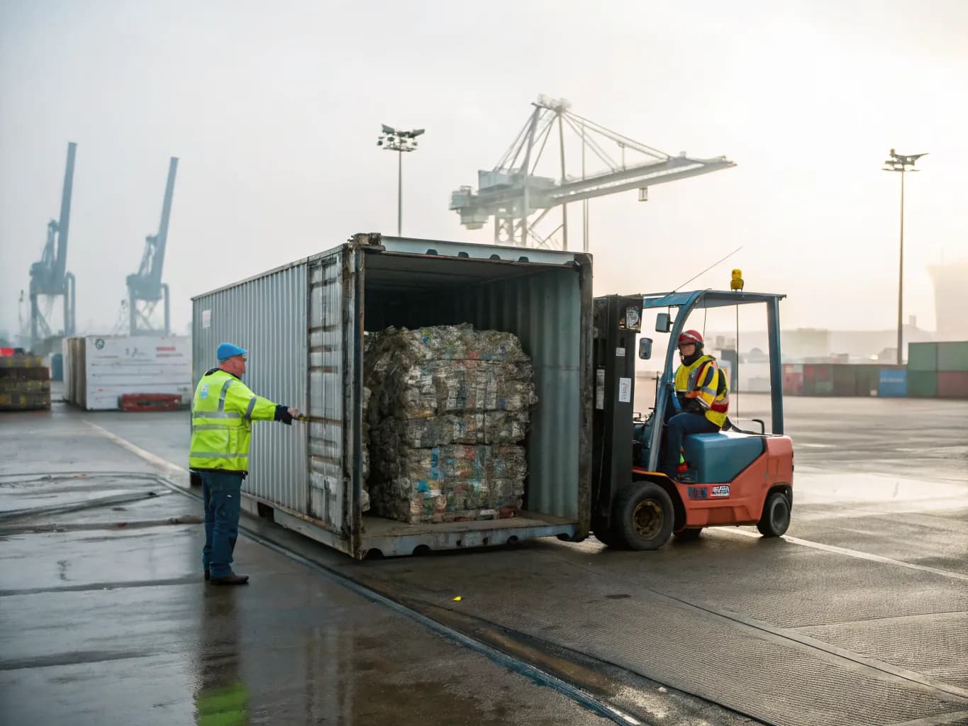 A forklift loads bales of recyclable material into a shipping container at an export yard near a container port.