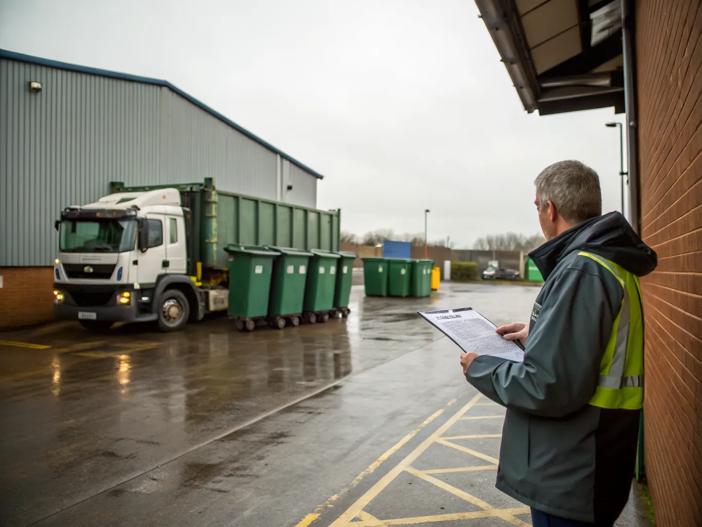 A facilities manager with paperwork watches a collection lorry lift a commercial wheelie bin at a brick loading bay.
