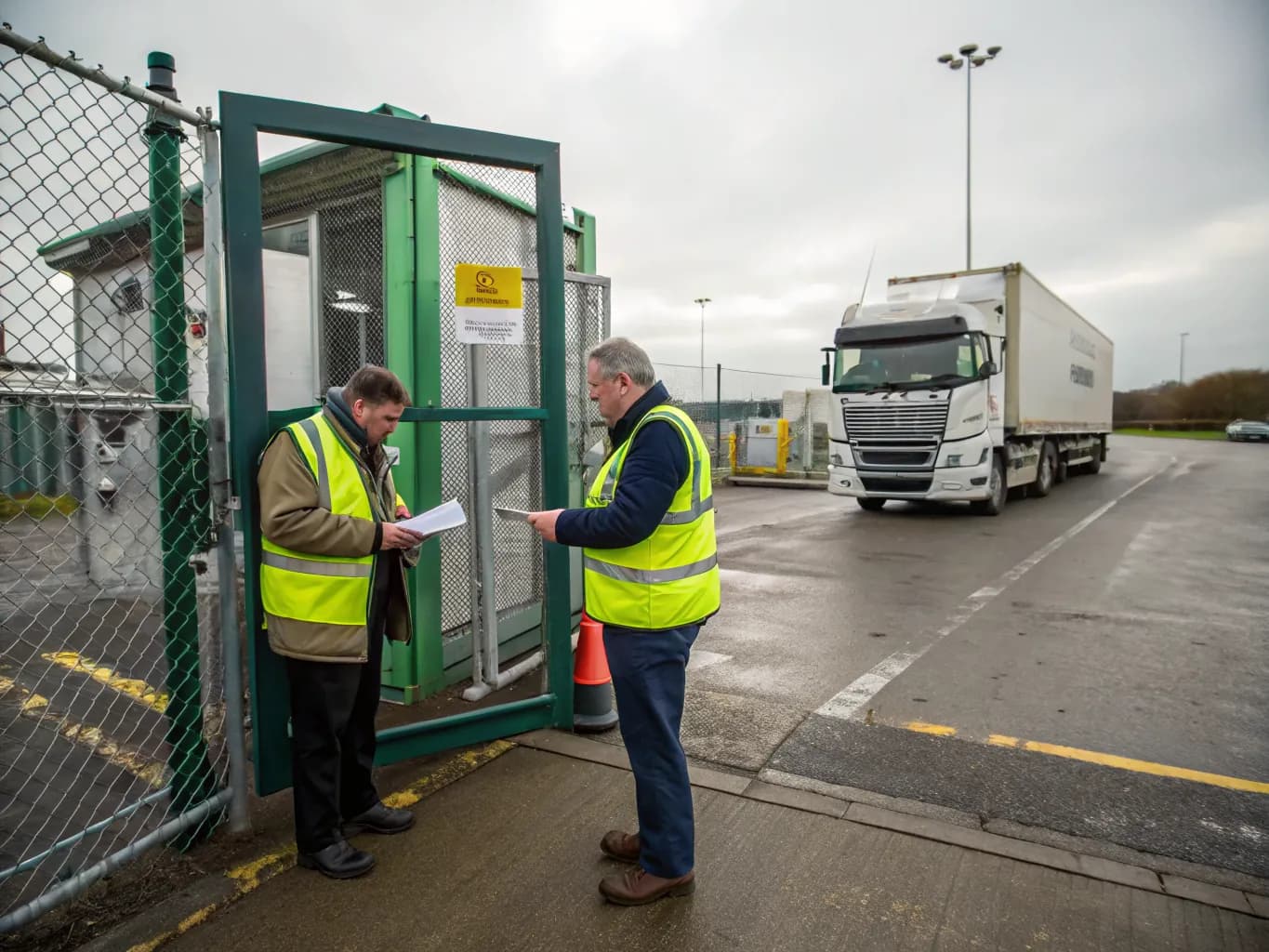 A site manager checks an arriving lorry driver's paperwork at a fenced yard gate before letting the vehicle in.