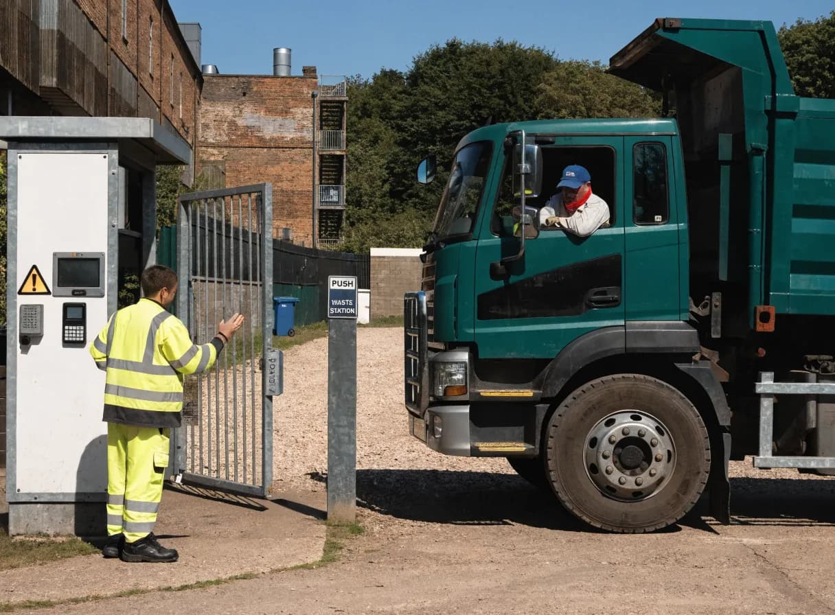 A weighbridge operative leaning out of a site-gate kiosk, holding a tablet towards a tipper lorry on the weighbridge