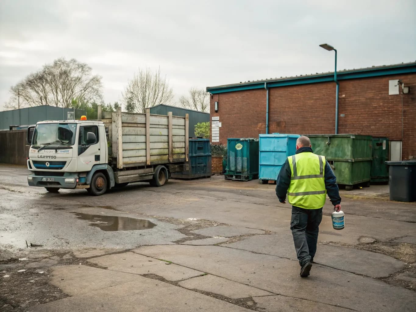 An owner-driver carries a flask towards his skip lorry in a small yard with stacked skips on a grey morning.