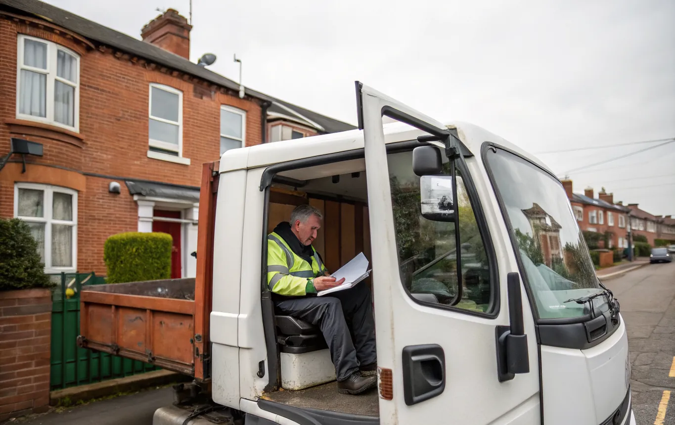 A skip lorry driver parked on a terraced street reviews his day's job sheet from the open cab door.