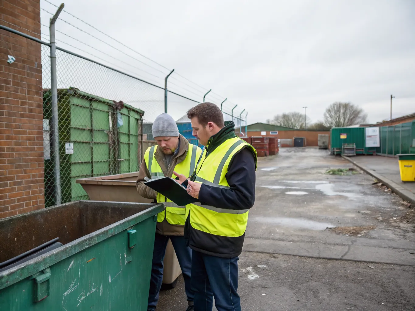 A driver and a site operative in hi-vis inspect the contents of a full skip together at a fenced yard gate.