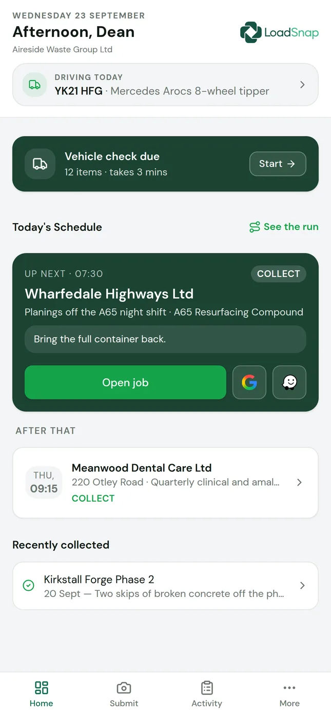 The LoadSnap driver app showing today's vehicle, the vehicle check and the next job