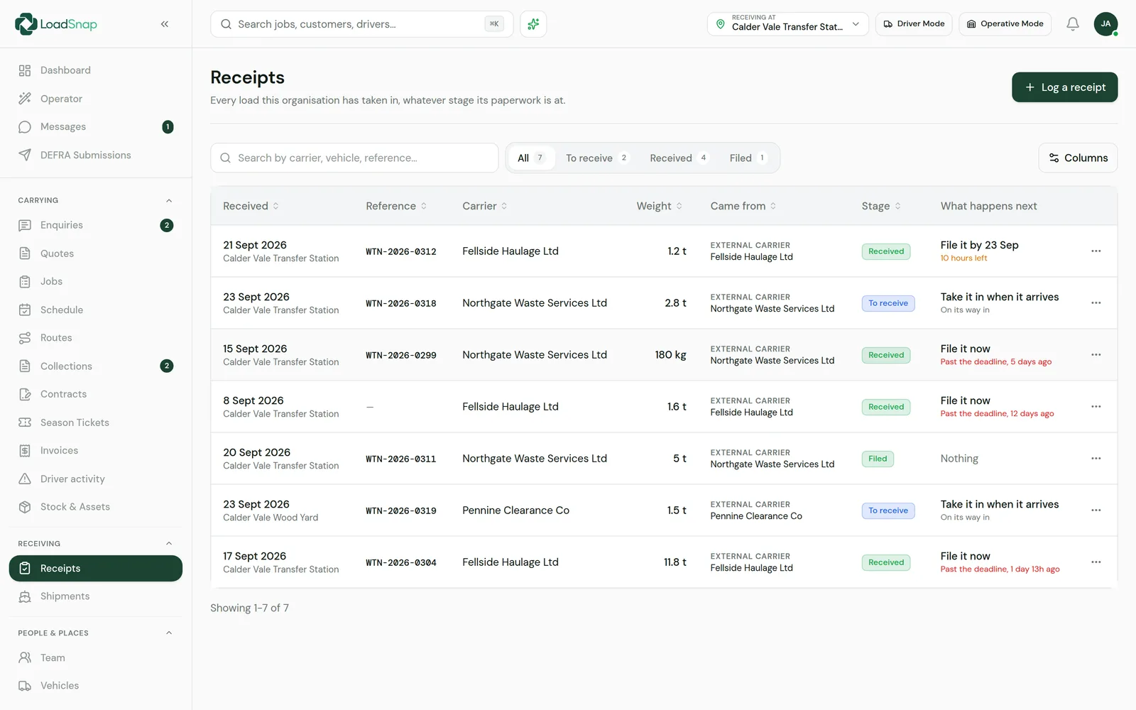 Receipts in LoadSnap, each showing its stage and when it has to be filed with DEFRA