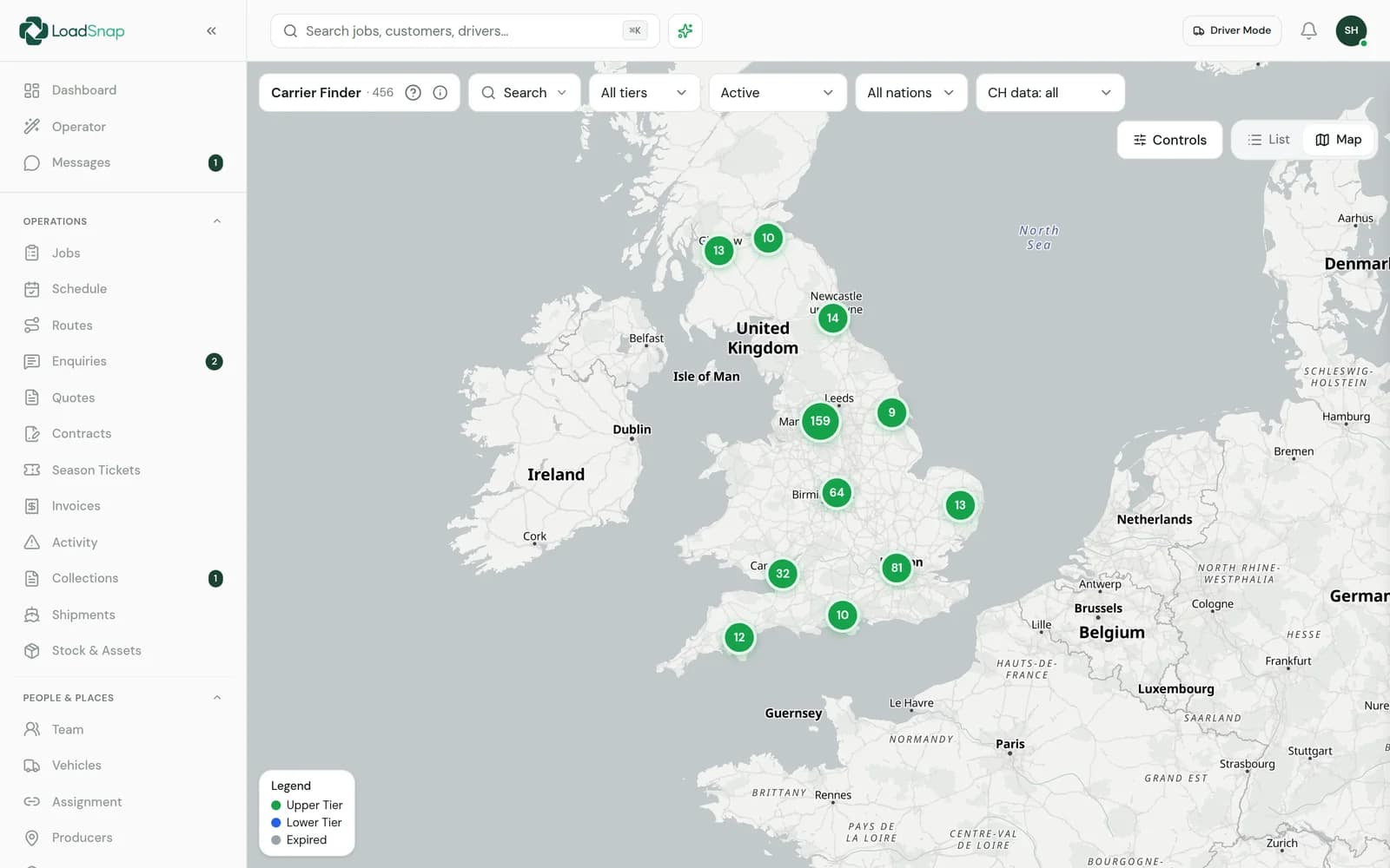 LoadSnap's carrier finder: the public register on a map with tier and registration status