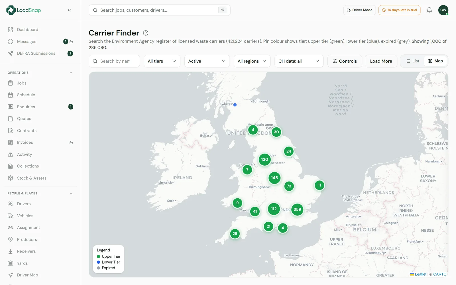 LoadSnap's carrier finder: the public register on a map with tier and registration status