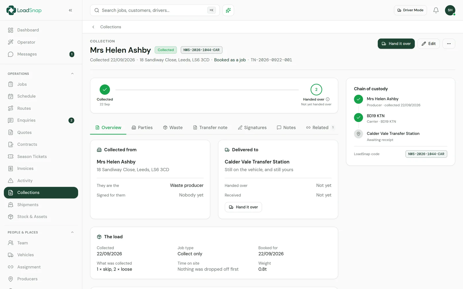 A collection from a householder in LoadSnap: where it came from, where it is going, the load and the chain of custody on one page