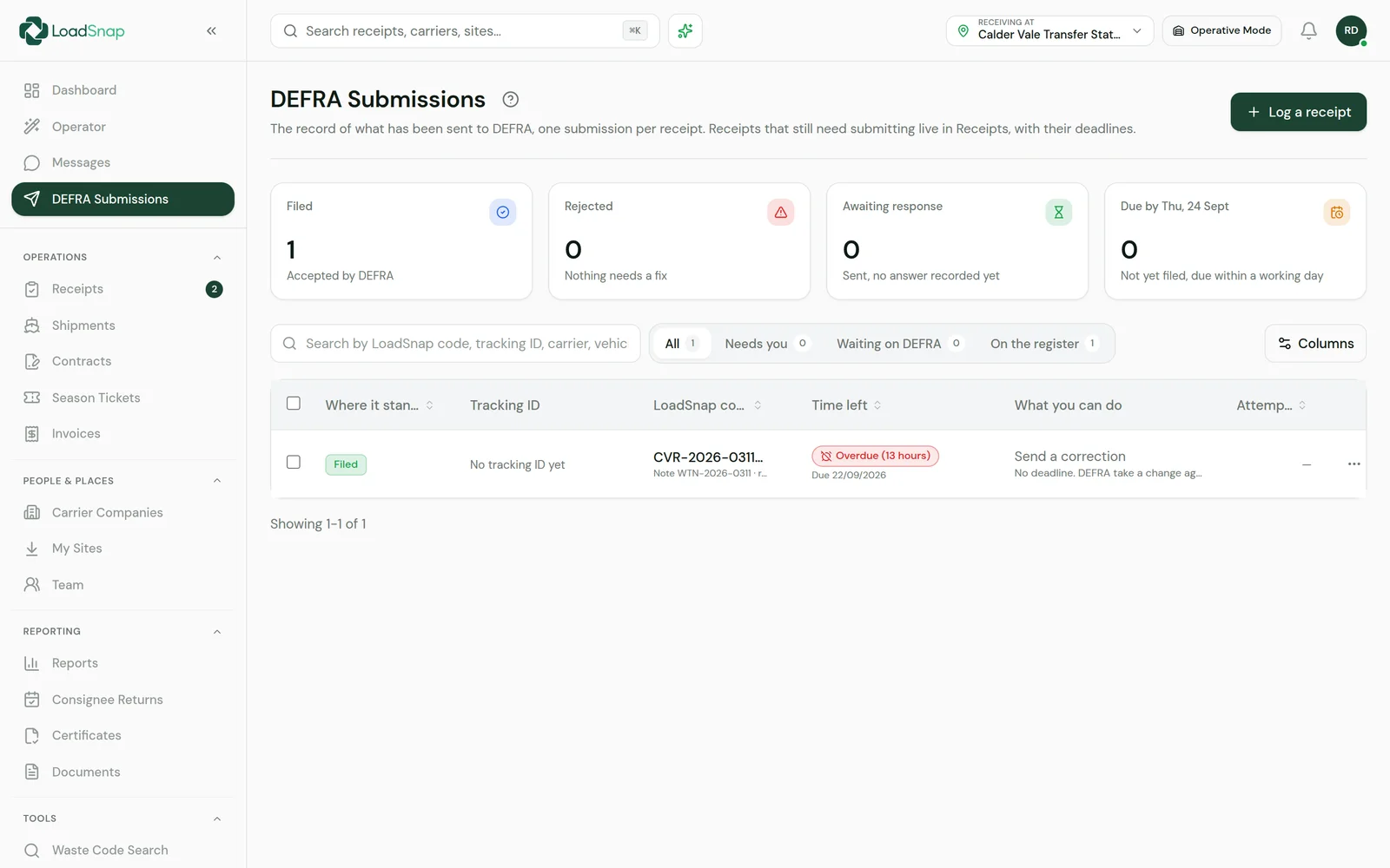LoadSnap's DEFRA submissions queue: digital waste tracking records filed from captured loads