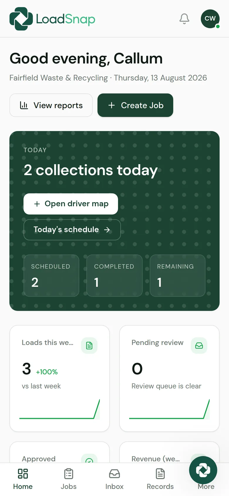 The LoadSnap mobile dashboard: today's collections, loads this week and the review queue on a phone screen
