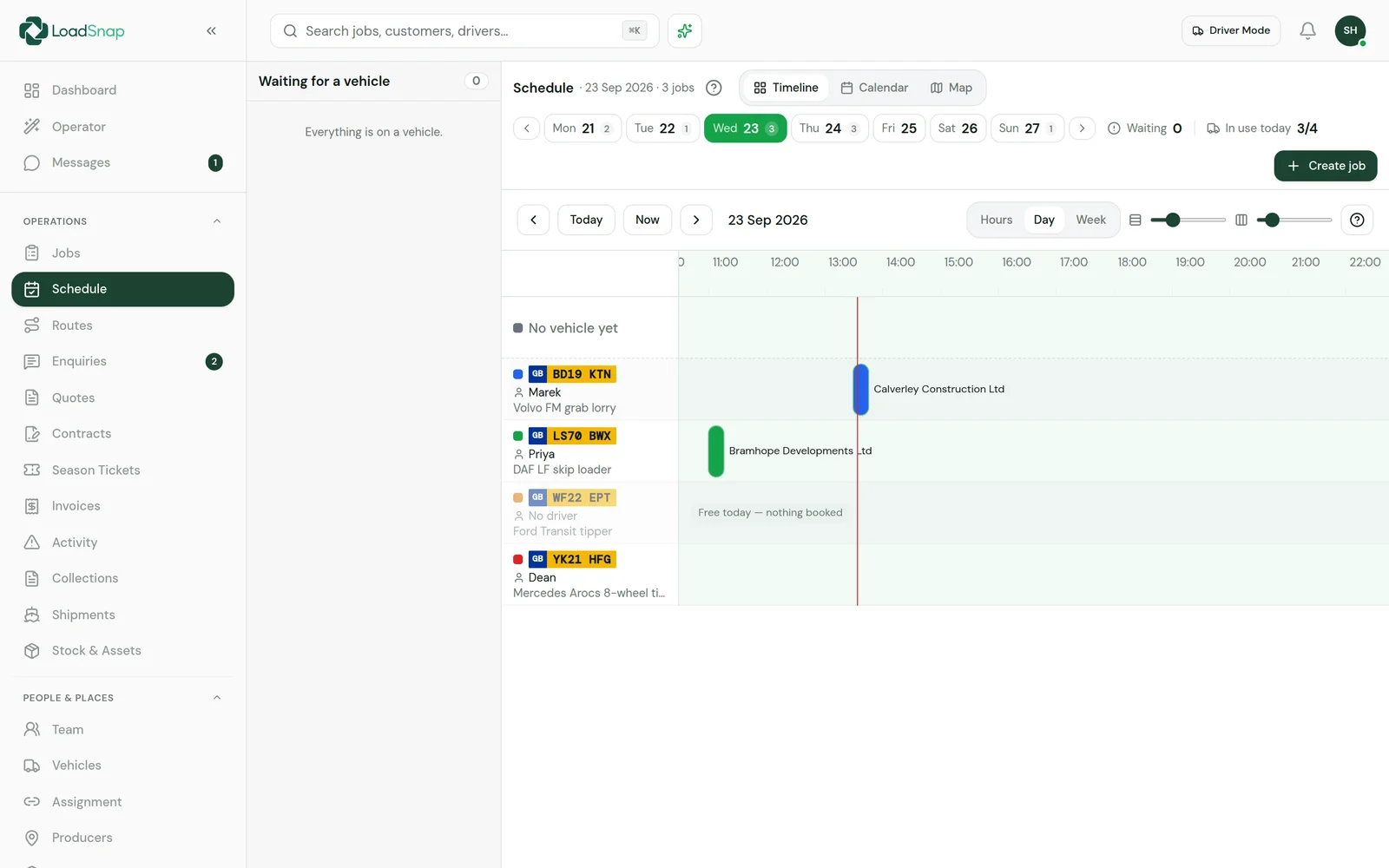 LoadSnap's schedule: today's jobs on a timeline, one row per vehicle with its driver