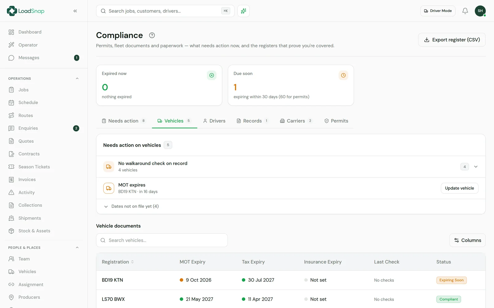 LoadSnap's compliance page on the Vehicles tab: an MOT due in 16 days flagged, and each vehicle's MOT, tax and insurance expiry