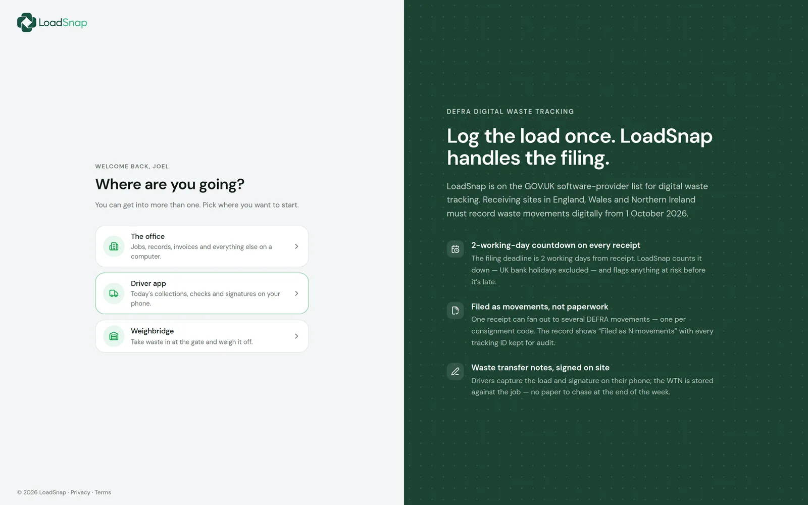 The LoadSnap sign-in chooser asking where you are going: the office, the driver app or the weighbridge