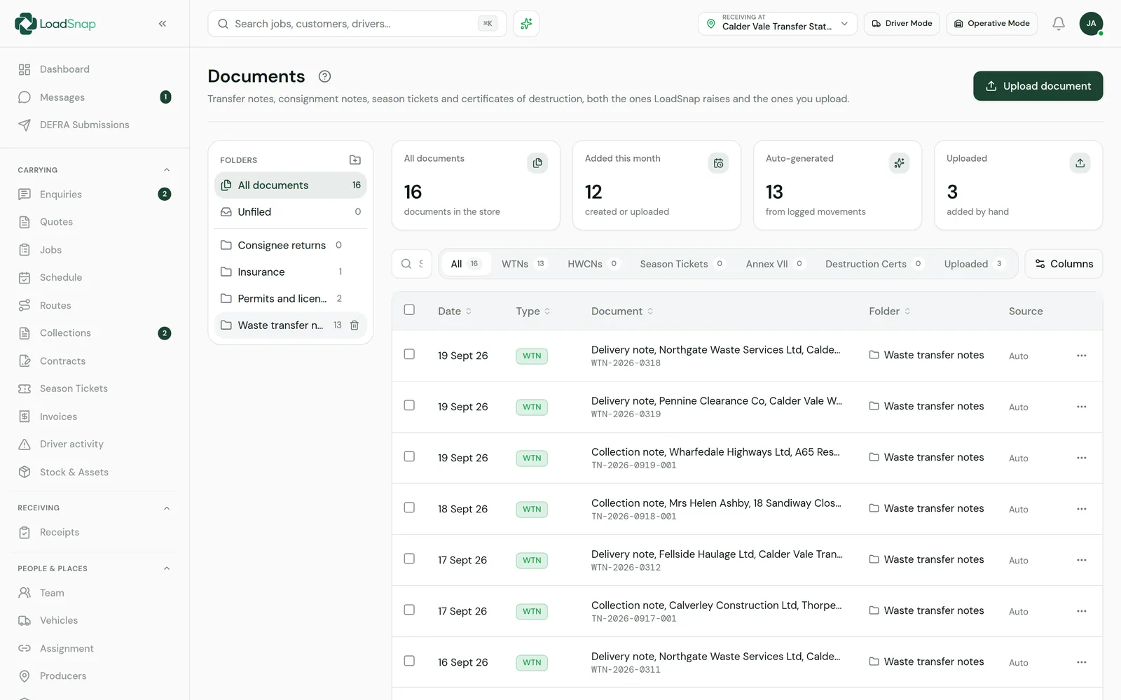 The LoadSnap documents store: transfer notes, consignment notes and certificates in folders, with counts for each