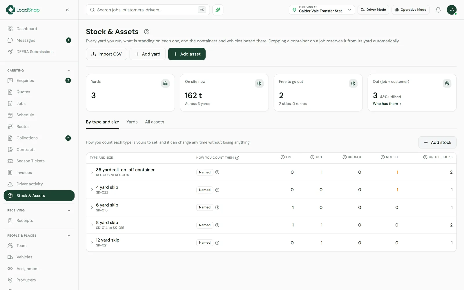 The LoadSnap stock and assets page: skips and containers by type and size, free, out, booked and not fit