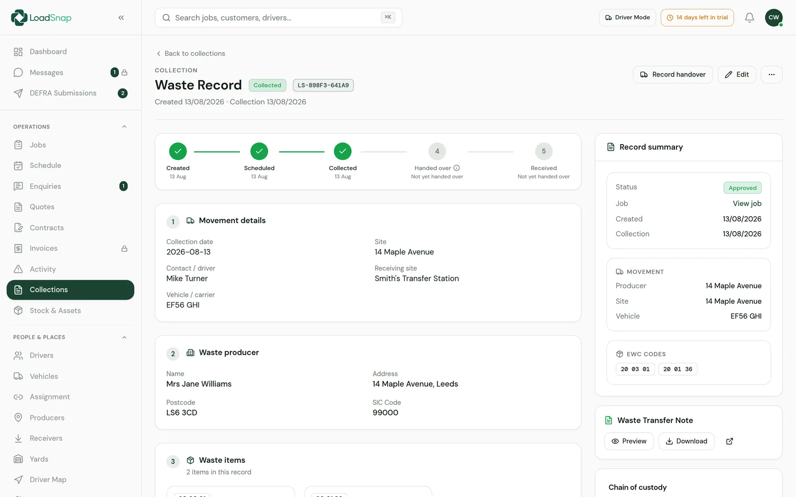A waste record in LoadSnap: producer, carrier, receiver, EWC codes and weights on one page