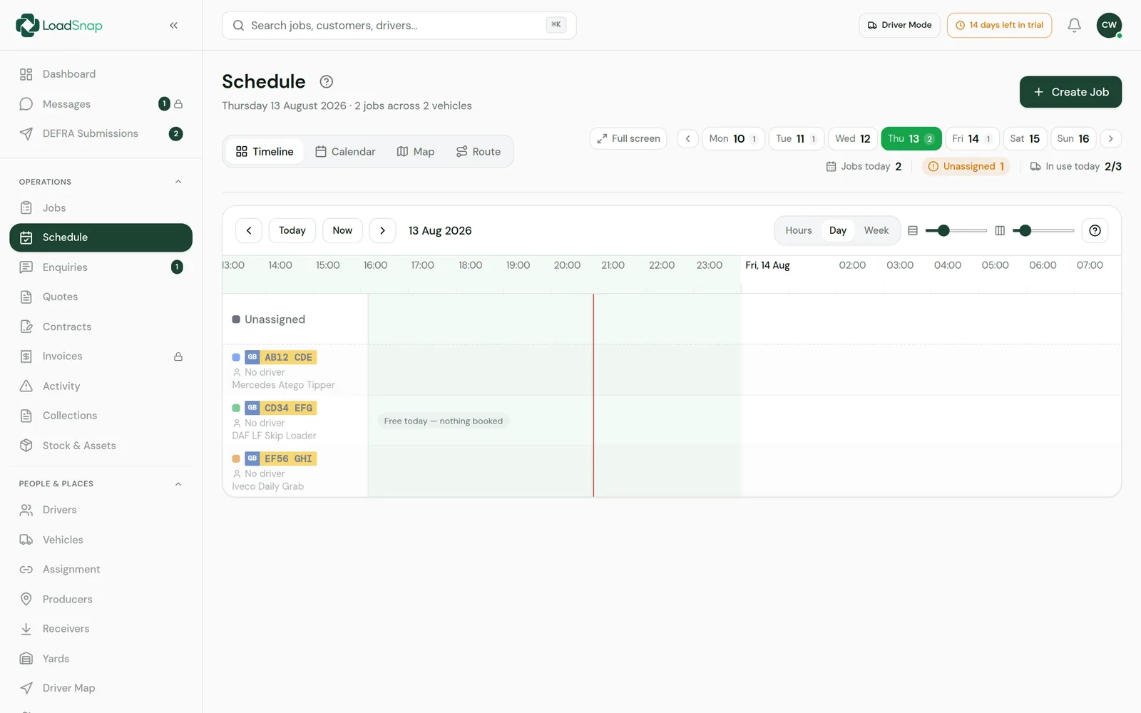 LoadSnap's schedule view: the week's jobs on a calendar with vehicles and drivers assigned