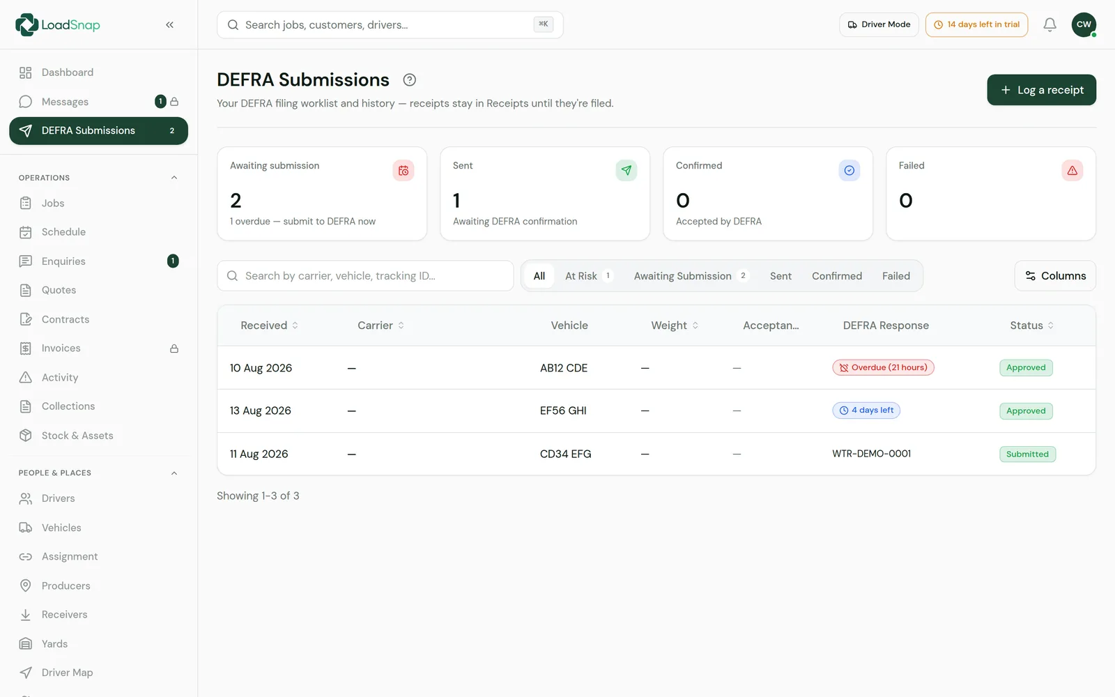 LoadSnap's DEFRA submissions queue: digital waste tracking records filed from captured loads