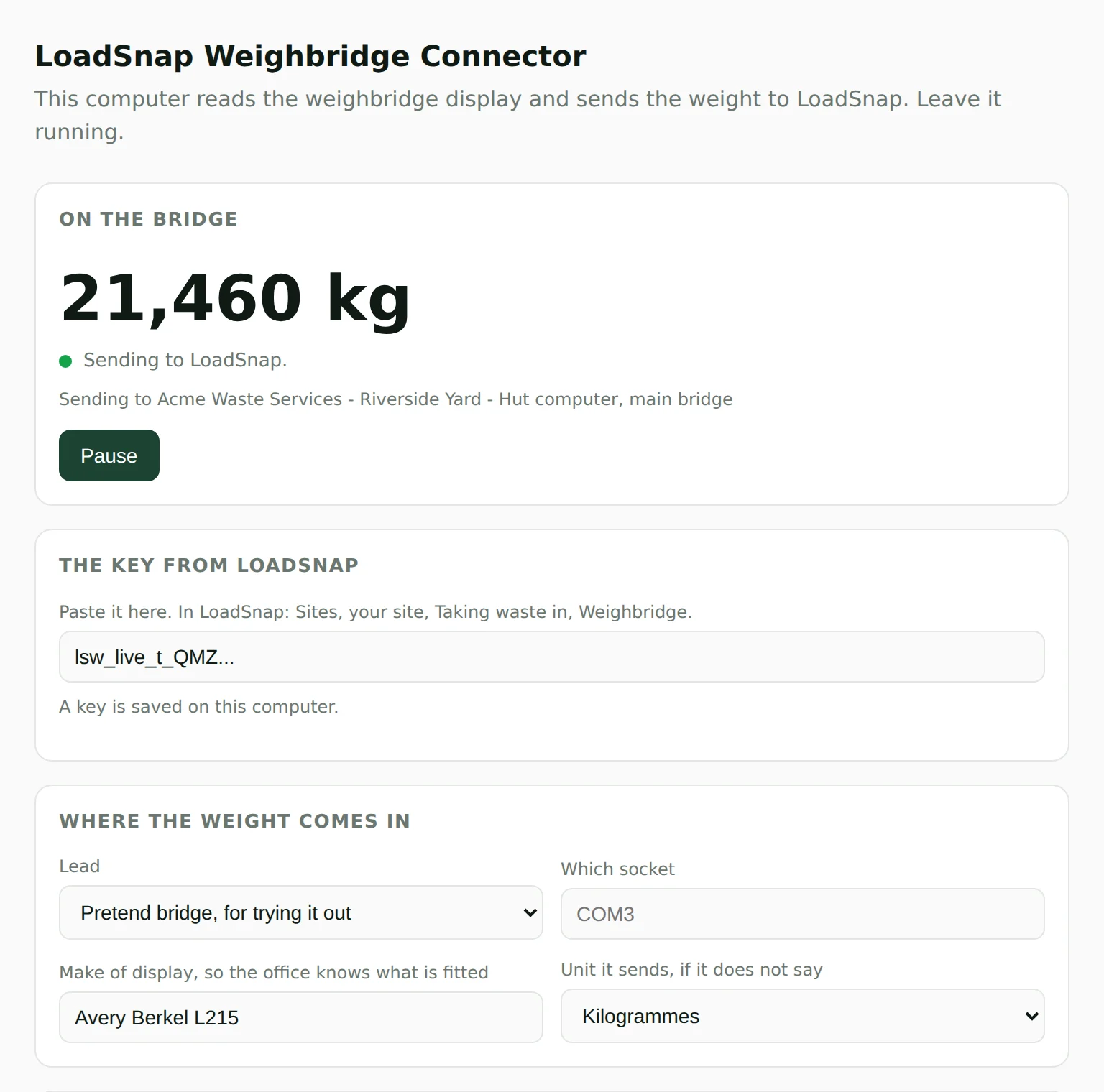 The connector's own page on the weighbridge computer, showing 21,460 kg on the bridge and sending to Riverside Yard, with the pretend bridge chosen as the lead