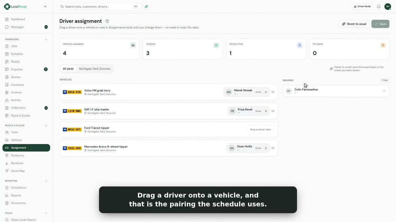 A still from the assigning drivers to vehicles video