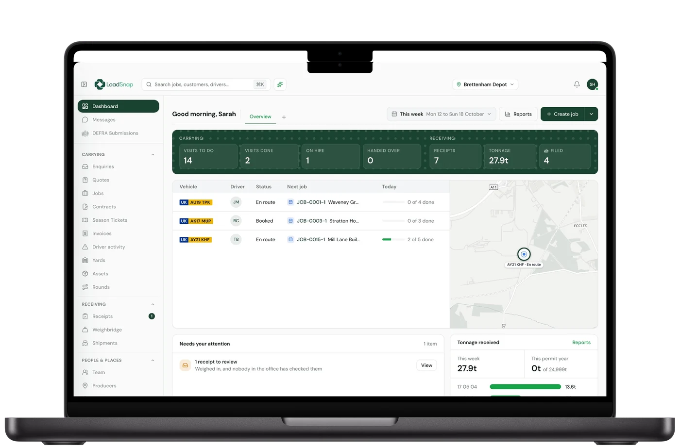 The LoadSnap dashboard on a MacBook: vehicles, jobs and loads taken in