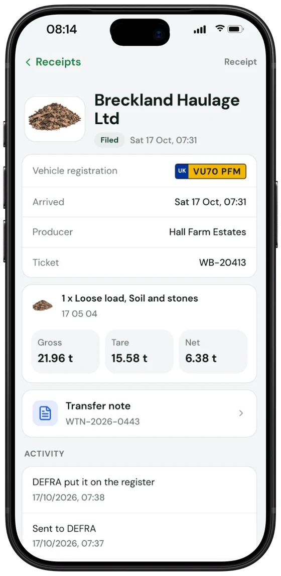 A receipt filed with DEFRA, open in the LoadSnap app on an iPhone