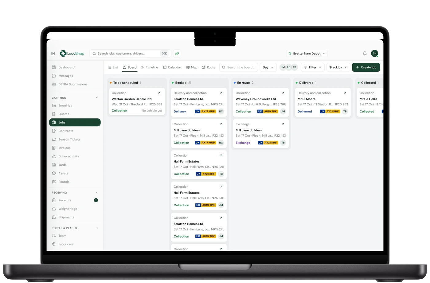 The LoadSnap jobs board on a MacBook, with jobs by stage