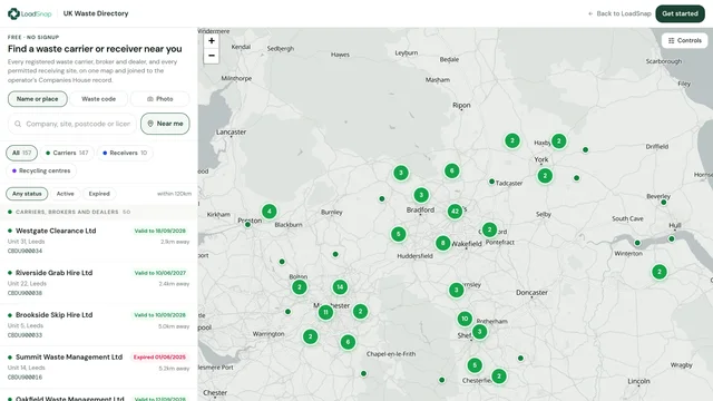 The LoadSnap UK Waste Directory: registered carriers on a map around Leeds