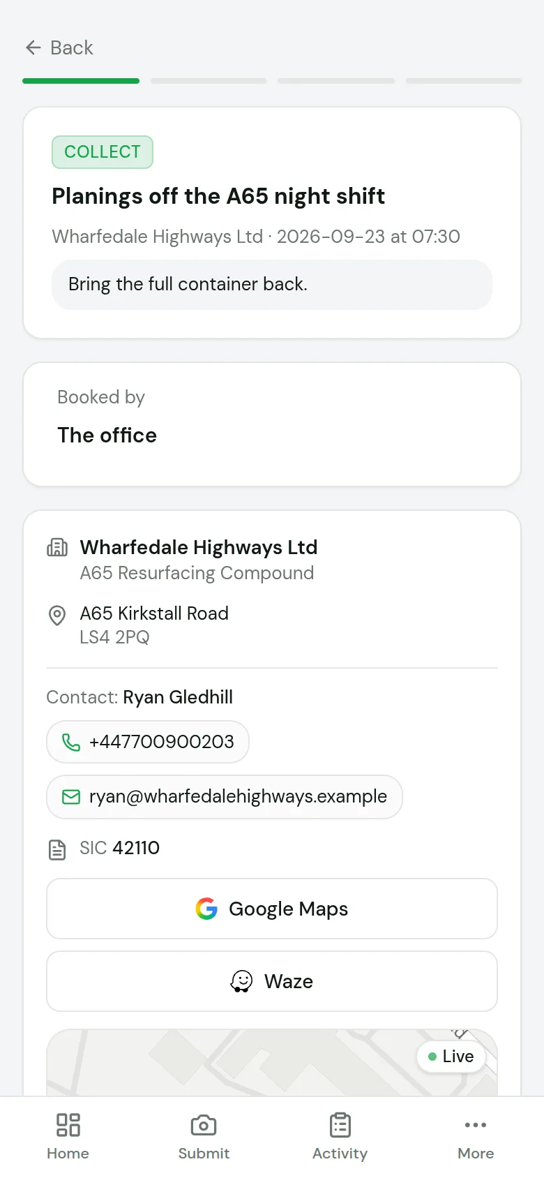 A collection open in the LoadSnap driver app: the site, the contact, directions and the office's note